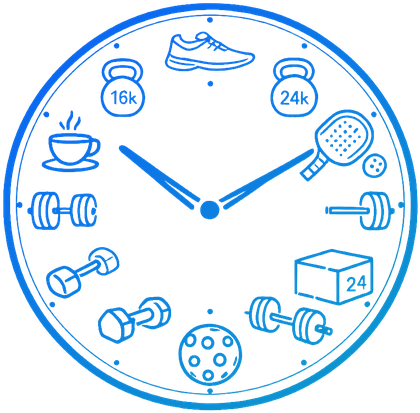 Kevin's personal mark — a stopwatch face with running, Hyrox, pickleball, and coffee icons